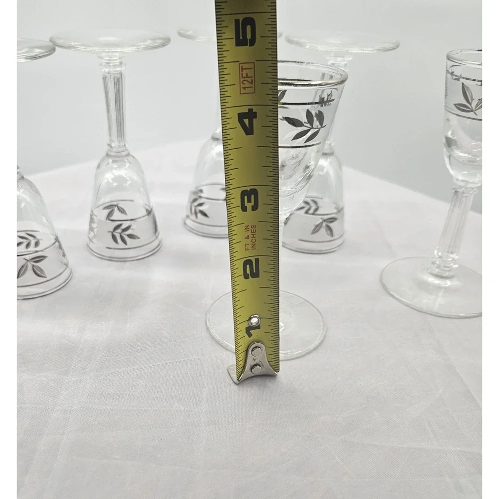 Set of 6 Clear Cordial Shot Glasses Silver Leaf Etched‎ Design